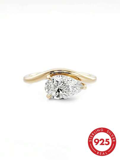 优雅永恒的订婚/结婚戒指，925纯银镶嵌奢华梨形切割立方氧化锆，女士婚戒