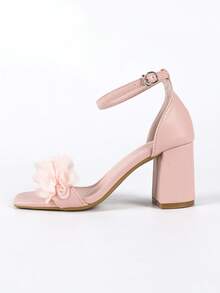 Sandalias de tacón alto con puntera cuadrada y decoración floral rosa para mujer, con correa de tobillo, zapatos de boda y novia, zapatos de verano - Rosa - Ver 5