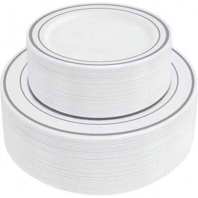 50/25/10/1 Pcs White Base With Double Silver Rim Plates, Including 10.25-Inch Large Plates And 7.5-Inch Small Plates, Ideal For Family Gatherings, Birthday Parties, Outdoor Events, Holiday Parties, Weddings, Suitable For Multiple Occasions