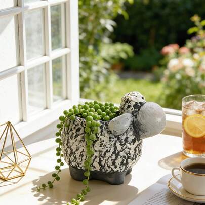 可爱绵羊造型花盆 - 装饰性树脂多肉植物盆，适用于花园、露台和家居装饰 - 有趣的动物造型植物盆，适合室内外使用，非常适合阳台、露台和窗台装饰