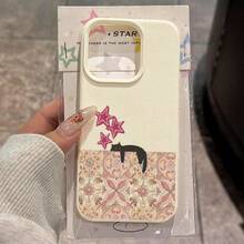 1pc TPU Material Pink Flower Brick Pattern Black Cat Phone Case Suitable For Apple 17 Pro Max/17/16 Pro Max/15/13/12/11, S20 FE/A15/S24/A55, Note 11/Note 12/Note 13 Pro, Full Coverage Anti-Drop Soft Protective Phone Cover - White - View 1