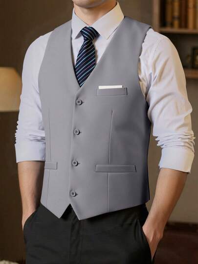 Classic Light Grey Men's Single-Breasted Vest, Four-Button Single-Breasted V-Neck Design, Adjustable Waist Strap, Wrinkle-Resistant Fabric, Business Formal Suit Vest