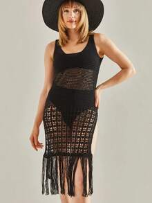 Vestido de verano para mujer con abertura, bajo con flecos y calado - Negro - Ver 1