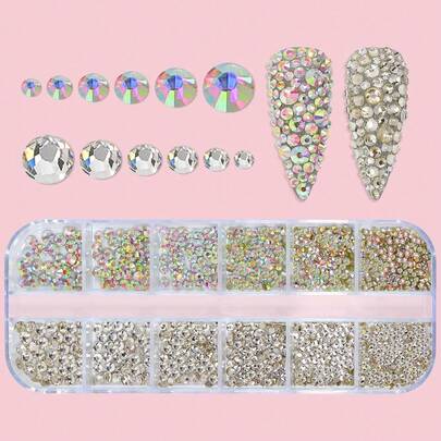 1盒/12格彩色平底圆形玻璃水钻，混合尺寸，适合女性和女孩日常美甲DIY美甲饰品、美甲宝石、美甲用品、美甲配件
