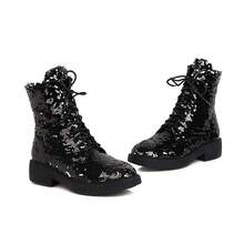 Womens Lace Up Sequin Ankle Boots Glitter Round Toe Chunky Heel Combat Booties Fashion Party Dress Shopping Halloween Outdoor Boots For Women - 黑色 - 查看 8
