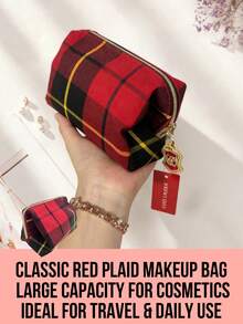 Estée Lauder Túi đựng mỹ phẩm Estee Lauder kẻ caro đỏ: Túi vải bố kẻ caro cổ điển có khóa kéo, điểm nhấn là móc khóa vàng và nhãn hiệu, nhỏ gọn và dễ mang theo, có thể đựng mỹ phẩm, sản phẩm chăm sóc da và các vật dụng cần thiết, túi trang điểm thời trang. - Nhiều màu - Xem 3