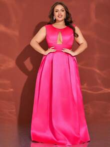 Plus Size Women's Round Neck Hollow Mesh Splice Sleeveless Charming Magenta Backless V-Neck Maxi Party Formal Dress - Hot Pink - View 4