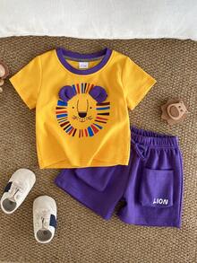 Cute Lion Colorblock Set! Yellow Striped T-Shirt With 3D Lion Ears & Colorful Mane, Paired With Purple Shorts + LION Pocket, Ribbed Fabric Breathable & Skin-Friendly, Full Of Childlike Charm, Comfortable & Eye-Catching - Yellow - View 1