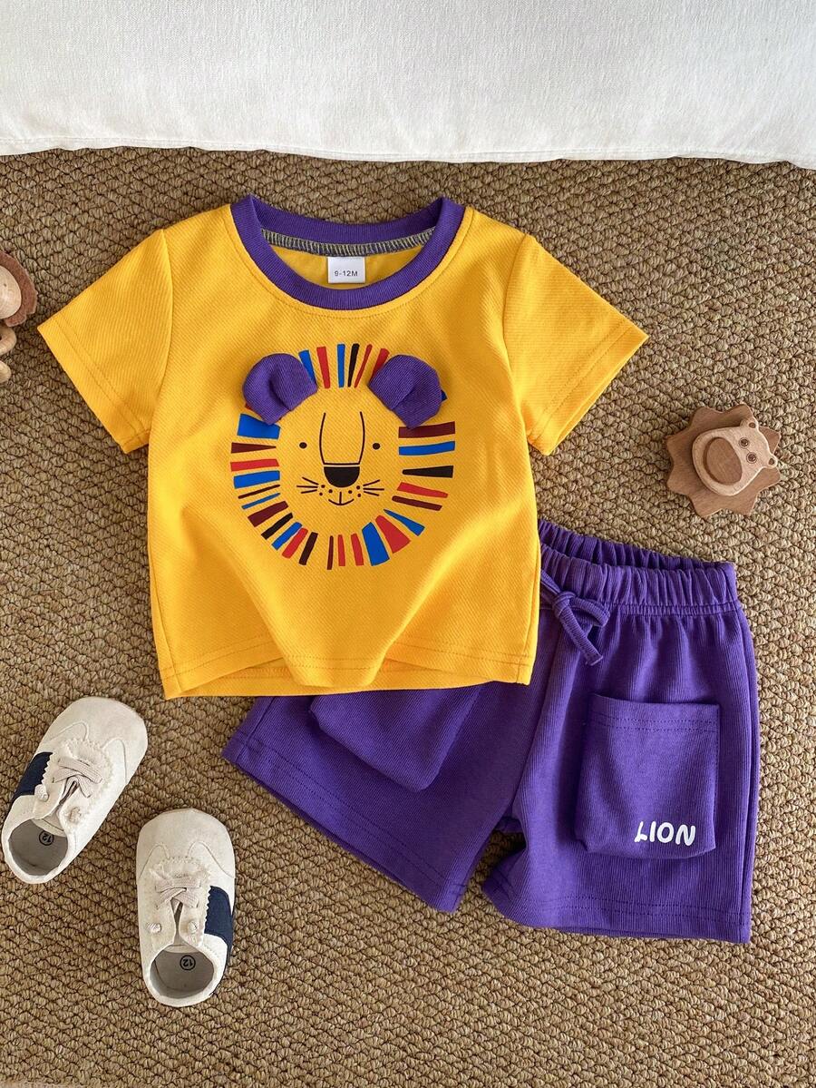 Cute Lion Colorblock Set! Yellow Striped T-Shirt With 3D Lion Ears & Colorful Mane, Paired With Purple Shorts + LION Pocket, Ribbed Fabric Breathable & Skin-Friendly, Full Of Childlike Charm, Comfortable & Eye-Catching - Yellow - View 1