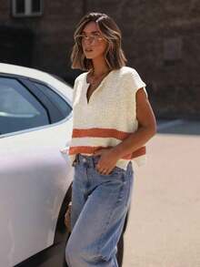 Women's Retro Summer Knit Top: V-Neck, Textured Striped And Side Slit Design, Loose Sleeveless Fit - Versatile Casual Wear - Burnt Orange - View 2