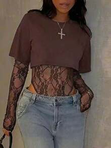 Body entero de encaje transparente para mujer, manga larga tul estampado floral, estilo sensual elegante, ideal para uso diario, citas, fiestas y espectáculos primavera verano - Marrón Chocolate - Ver 6