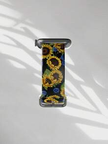 1pc Black Background Blue Sunflower Pattern Soft Elastic Breathable Replacement Watch Band, Compatible With Samsung, Compatible With Honor Smartwatches, 38mm 40mm 41mm 42mm 46mm 45mm 44mm 49mm, Daily Casual Silicone Watch Strap Compatible With Apple Watch Ultra SE/11/10/9/8/7/6/5/4/3/2/1, Floral Pattern Holiday Gift - Multicolor - View 4