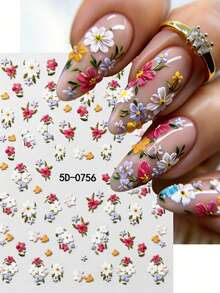 1 Sheet 5D Embossed Flower Nail Stickers, Self-Adhesive Floral Nail Decals, Spring/Summer 3D Colorful Flower Nail Art Supplies For Women Girls, DIY Manicure Decorations - Multicolor - View 10