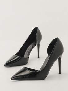 欧美时尚尖头性感细高跟超高跟低鞋面侧镂空高跟鞋，优雅女士高跟鞋，优雅女鞋，包头高跟鞋，套脚高跟鞋 - 黑色 - 查看 1