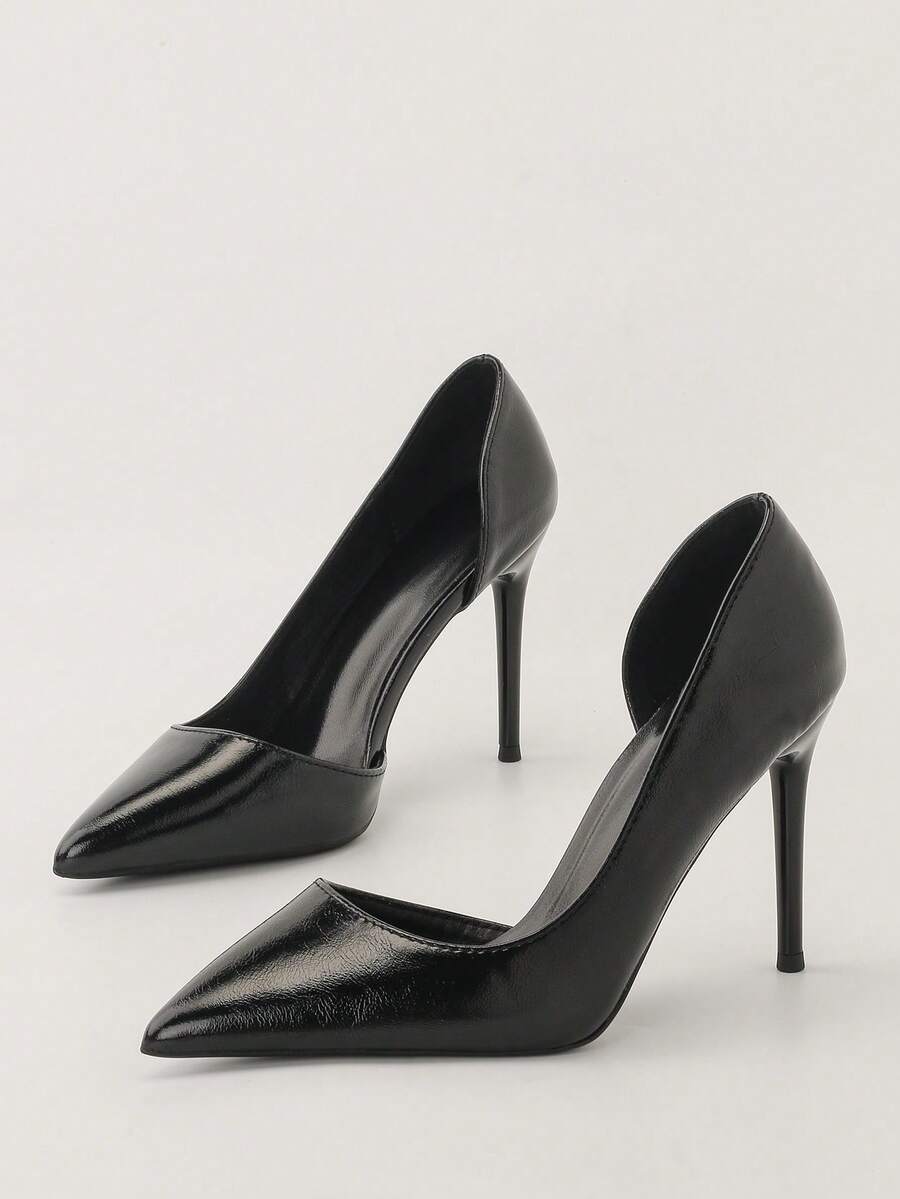 欧美时尚尖头性感细高跟超高跟低鞋面侧镂空高跟鞋，优雅女士高跟鞋，优雅女鞋，包头高跟鞋，套脚高跟鞋 - 黑色 - 查看 1