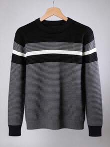 Men's Knitted Sweater, Round Neck, Long Sleeve, Premium Wool, Basic And Comfortable Winter Clothing - Preto com Chumbo - Xem 2