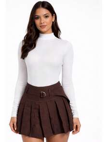 Women's Tailored Pleated Shorts/Skirt With Belt - Casual, Versatile, And - Rỉ Nâu - Xem 1
