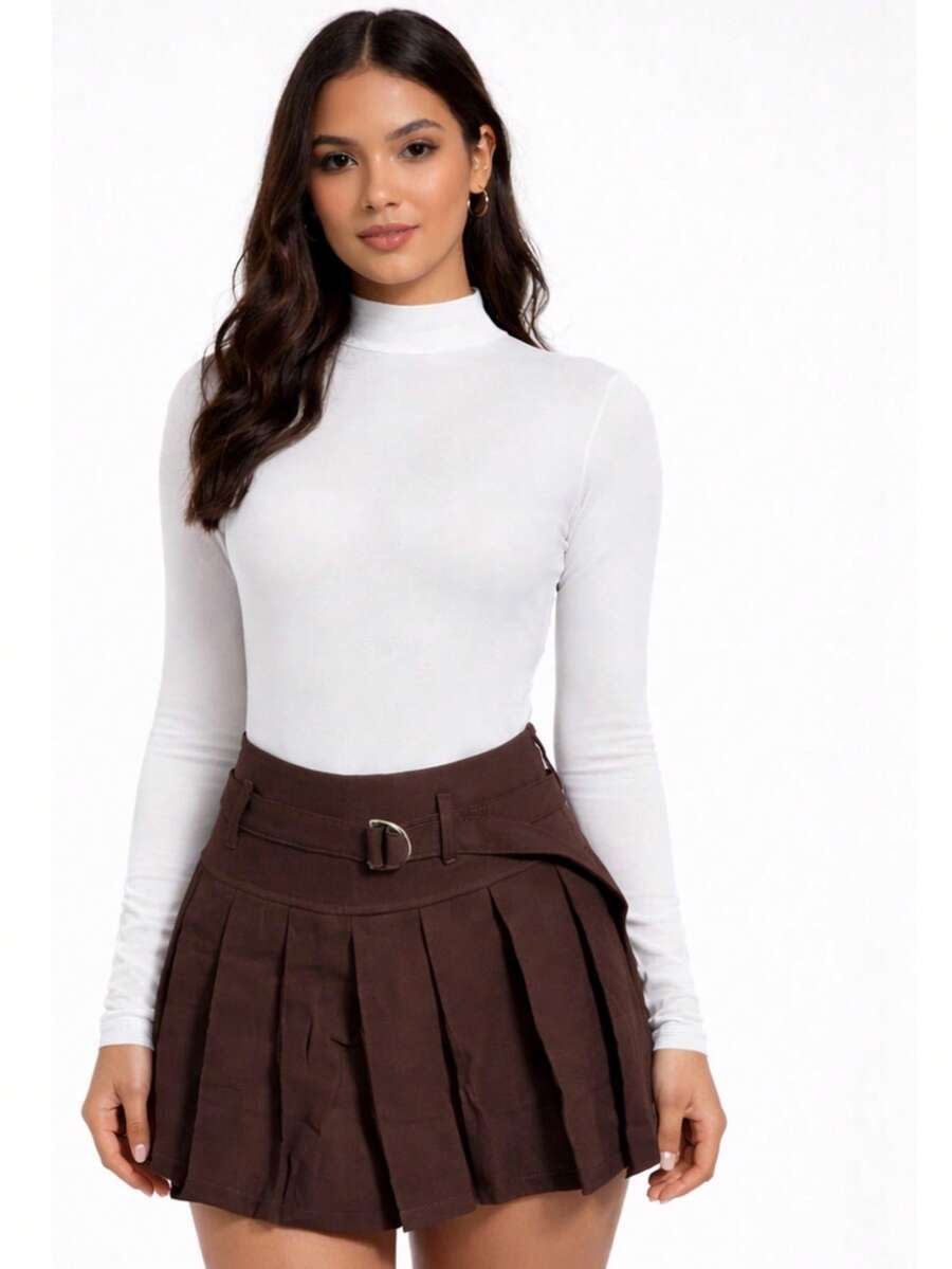 Women's Tailored Pleated Shorts/Skirt With Belt - Casual, Versatile, And - Rỉ Nâu - Xem 1