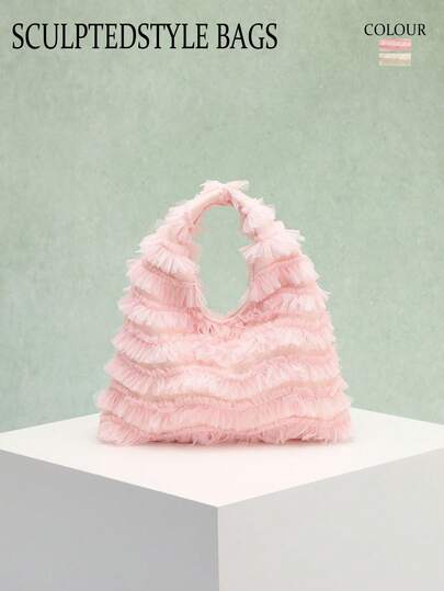 1pc Pink Romantic Ruched Lace Tassel Decor Ladies' Handbag, Suitable For Casual, Vacation, Wedding, Bridesmaid And Guest Use