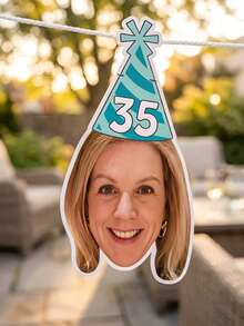 7/14/21pc Custom Photo & Number Birthday Hat Banner – Personalized Blue Striped Party Hat Garland With Face Photo | First Birthday, Back To School - Multicolor - View 7
