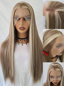 高光棕色合成蕾丝假发，女士款，13x4蕾丝前假发，预先拔毛，24英寸直发蕾丝前假发，金色日常款 - 彩色 - 查看 3