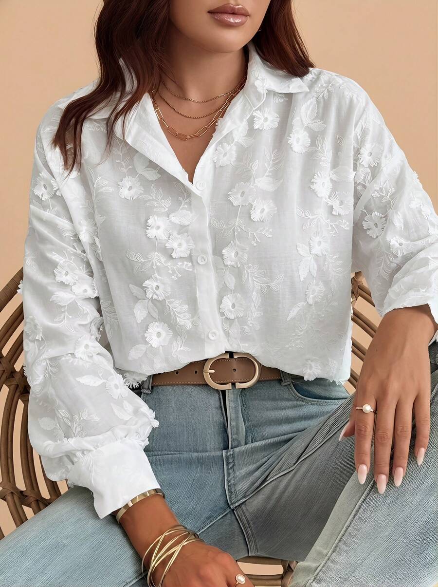 Voworia Plus Size Women's White Button-Up Shirt With Floral Embroidery, Long Sleeve - White - View 1