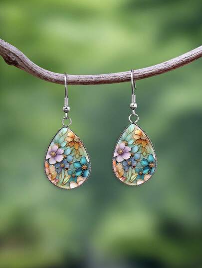 1 Pair Colorful Floral Pattern With 316 Stainless Steel Teardrop Earrings, Vintage Minimalist Style Suitable For Women's Daily Wear And Gift, Elegant Minimalist Jewelry Earrings Suitable For Women's Daily And Holiday Wear