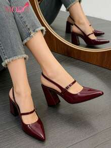 Mujer Zapatos de Tacón Grueso, Punta Fina, Correa de Charol, Estilo Elegante para Oficina,Zapatos para mujer en color vino tinto con punta puntiaguda y correa al tobillo, diseño elegante con tacones altos y tacón grueso ideal para eventos, fiestas y celebraciones de temporada, modelo refinado dentro de tacones para mujer funciona como zapatilla elegantes de mujer y zapatillas tacon elegantes, estructura cómoda adaptable diferentes pies compatible wide fit zapatos mujer, estilo versátil que conecta búsquedas amplias como huaraches de mujer cómodos perder identidad calzado sofisticado - Burdeos - Ver 2