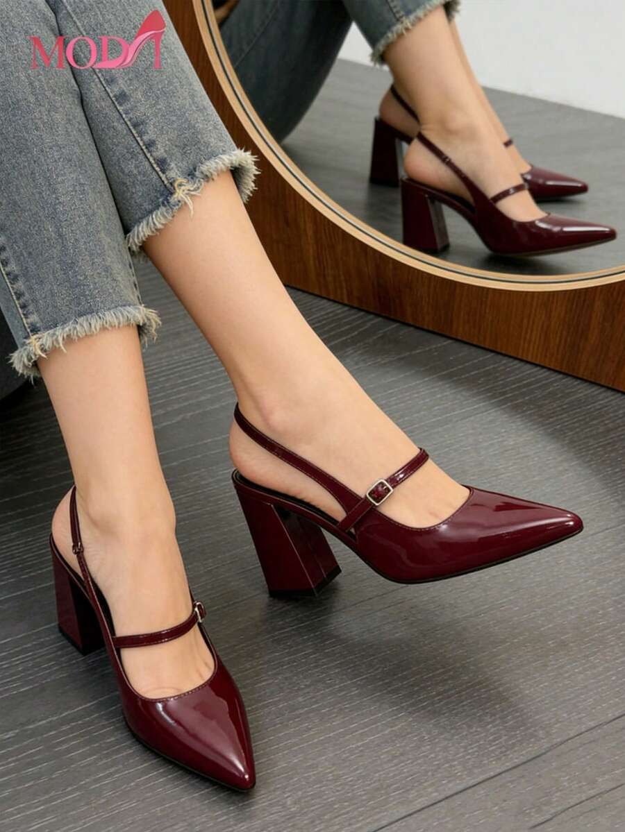 Mujer Zapatos de Tacón Grueso, Punta Fina, Correa de Charol, Estilo Elegante para Oficina,Zapatos para mujer en color vino tinto con punta puntiaguda y correa al tobillo, diseño elegante con tacones altos y tacón grueso ideal para eventos, fiestas y celebraciones de temporada, modelo refinado dentro de tacones para mujer funciona como zapatilla elegantes de mujer y zapatillas tacon elegantes, estructura cómoda adaptable diferentes pies compatible wide fit zapatos mujer, estilo versátil que conecta búsquedas amplias como huaraches de mujer cómodos perder identidad calzado sofisticado