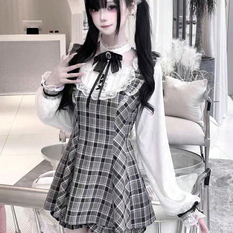 Very Popular Lolita-Style Dress, Sweet And Gentle Ribbon-Detailed Square Neck White Tulle Dress, Princess Dress, 2026 Spring/Summer New Arrival Skirt Dress, Lolita Dress - 灰色裙 - 查看 1