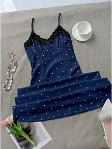 Đầm maxi dáng chữ A bằng satin in chấm bi thanh lịch, lãng mạn của Yuwenier, thiết kế hở lưng với dây áo hai dây phối ren, thích hợp cho ngày Valentine, lễ hội âm nhạc, kỳ nghỉ, bãi biển mùa hè. - Màu xanh lam - Xem 3