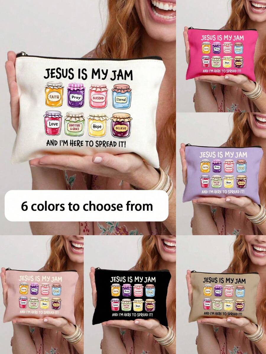 Cartoon Bottle Jesus Faith Pattern Zipper Makeup, Fashionable And Cute Holiday Travel Bag, Reusable Polyester Makeup Bag, Lipstick, Phone Accessories | Lightweight Zipper Sealed Pocket Make Up Bag Toiletry Bag Cosmetic Bag Makeup Pouch Wash Bag Makeup Storage Large Capacity Durable Mothers Day Gift Holiday Essentials Mother Gifts - Multicolor - View 1