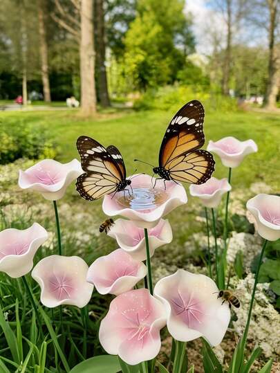 6pcs Ceramic Garden Decor Stakes - Outdoor Yard Spring/Summer Decor, Handmade Ceramic Flower Decorations Can Be Used As Bird Baths, Bee Feeders, Butterfly Waterers, Suitable For Bee Feeding And Outdoor Decor, Garden, Landscape, Yard, Flower Bed Decoration, Spring/Summer Decor
