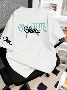 Men's Daily Geedup Letter Print T-Shirt, Heart Neck Short Sleeve Casual T-Shirt, Suitable For Spring/Summer And Valentine's Day - White - View 9