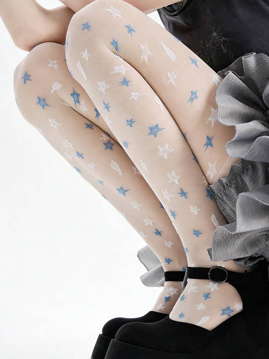 Y2K Powder Blue Star & Feather Print Sheer Tights, High Stretch Ultra-Thin Stockings, Girly Feather Pattern Socks, Versatile Sweet Girl Style - White - View 1