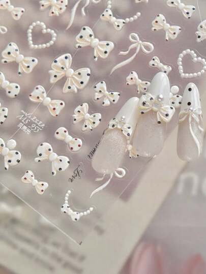 1 pieza Pegatinas de arte de uñas estilo clásico elegante 5D con lazo, cinta de moño blanca y negra Kawaii, calcomanías autoadhesivas para decoración de uñas DIY
