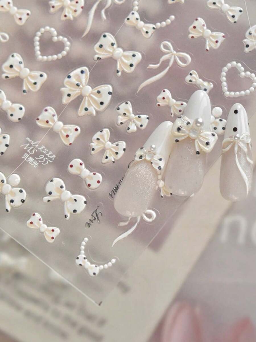 1 miếng dán móng tay hình nơ 5D kiểu cổ điển thanh lịch, nơ ruy băng đen trắng dễ thương, tự dính, có thể dán trang trí, dùng để tự làm móng. - trắng - Xem 1