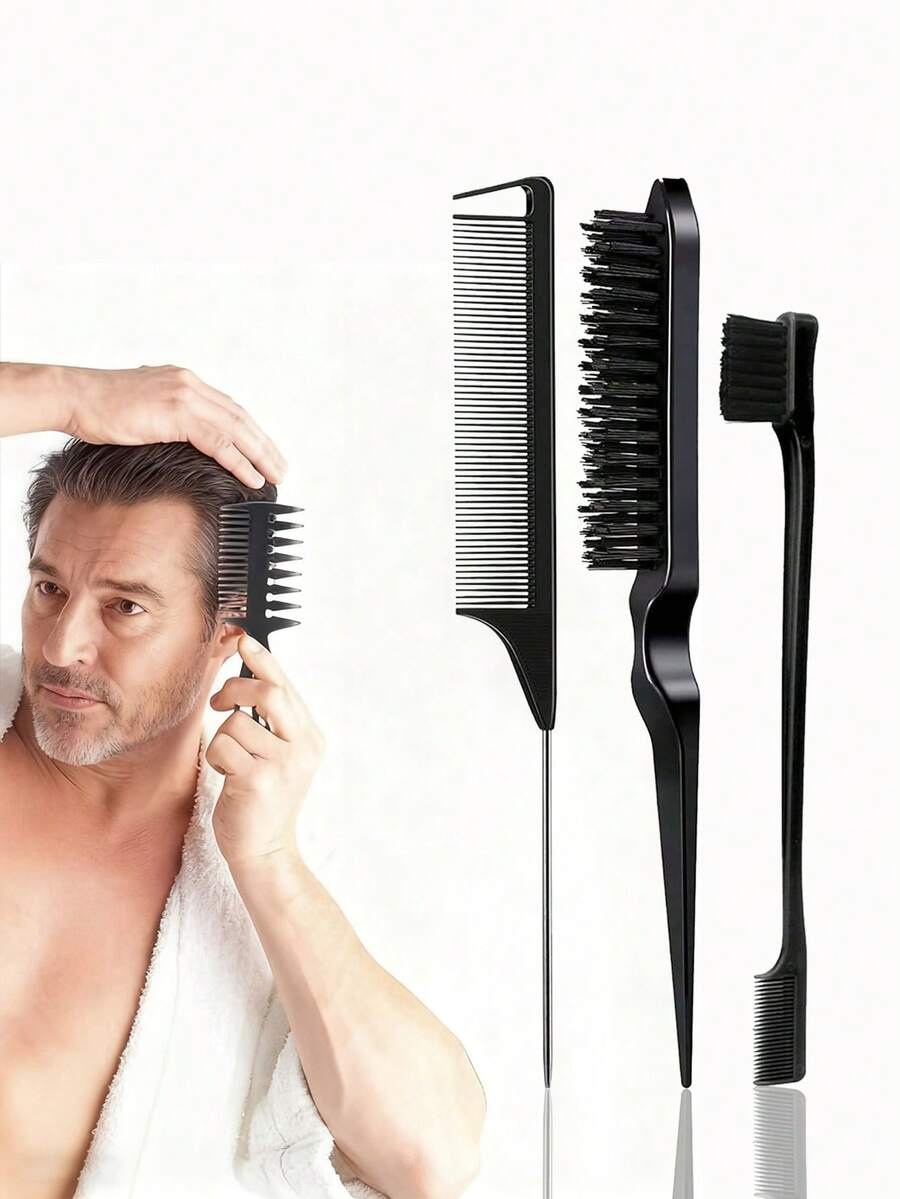 4/1pc Styling Combs Set, Unscented Bristle Professional Barber Styling Brush, Steel Rat Tail Parting Comb, Hooked Knitted Comb, Three-In-One Fishbone Comb, Mini Hair Brush, Detangling Comb, Curling Comb, Pompadour Comb, Side Comb, Haircutting Comb, Hair Accessories, Barber Tools, Suitable For Salon And Daily Use,Travel,Fathers Day Gift - Black - View 1