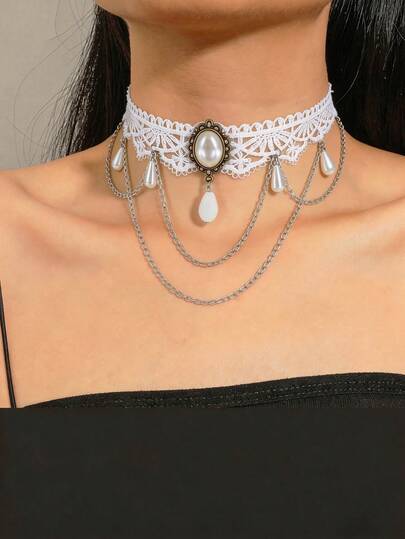 1pc Women's Vintage Lace Banquet Dress Exaggerated Chain Tassel Pendant Choker Necklace