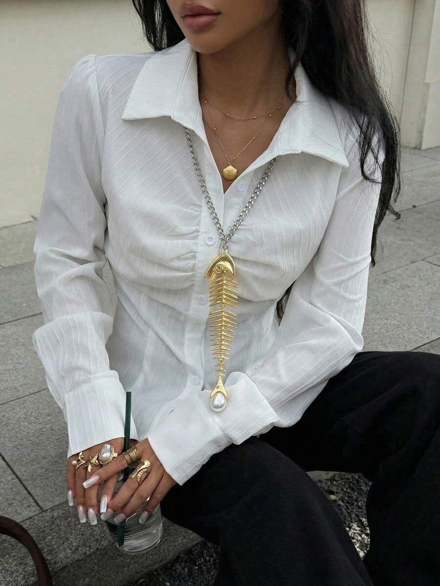 1件女士时尚休闲水晶鱼骨仿珍珠链项链，适合街头、派对、聚会等场合，独特百搭 - 彩色 - 查看 1