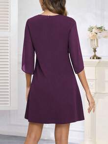 Women's Solid Color Round Neck Cocktail Party Ruffle Sleeve High Waist Chiffon A-Line Casual Dress Elegant Spring - Purple - View 3