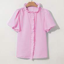 Acelitt Blue & White Striped Puff Sleeve Ruffle Collar Casual Shirt, Summer - Hot Pink - View 4