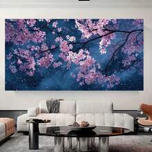 Arte de pared plano 2D, Arte de pared plano 2D, Arte de pared plano 2D contemporáneo de flor de cerezo en diseño plano 2D - Obra de arte rosa y púrpura en lienzo azul oscuro con marco de madera, Imagen horizontal estilo caligráfico para sala de estar, dormitorio u oficina - Regalo perfecto (Sin marco blanco) - Enmarcado - Ver 3