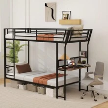 GOFLAME Metal Bunk Bed With Desk, Single Over Single Loft Bed With Wooden Tabletop & Shelf, Safety Guardrail & Ladders, No Box Spring Needed, Space Saving Bed For Apartments, Small Spac - Black - View 3