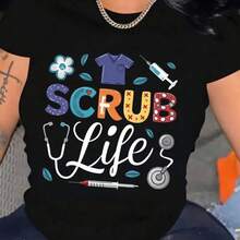 Women Stylish Scrub Life Medical Design Pattern Printing T-Shirt Cotton Casual Comfy Tees For Daily Wear - Đỏ - Xem 6