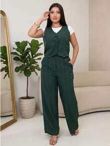 Women's Tailored Set: Vest And Wide-Leg Pants. Elegant, Casual, Chic, Modern, Conservative/Modest. Party/Fabric. Buttons Down The Front. Gathered Waist. Women's Formal Set. Office/Baby Shower/Formal And Evening. Holidays/Home/Summer, Spring And Autumn. - 軍綠色 - 查看 2