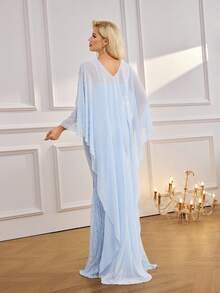 Women's Round Neck Batwing Sleeve Sequin Patchwork Bodycon Maxi Dress - Baby Blue - View 4