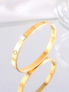 Camhanno 5pcs/1pc Elegant Art Stainless Steel Copper Bracelet Set, Essential Stackable Accessory With Inlaid Decoration Mix And Match Design - Gold - View 13