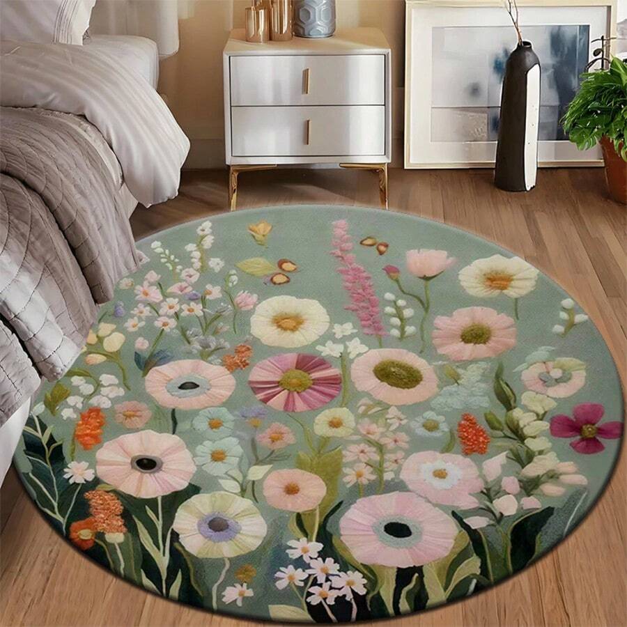 1 pieza Alfombra redonda con estilo de pintura floral, diseño de patrón floral tipo pintura, versátil y duradera, alfombra decorativa, decoración de dormitorio, alfombra pequeña, alfombra, decoración del hogar, alfombra de sala de estar, alfombra pequeña de sala de estar, alfombra de dormitorio, decoración del hogar de sala de estar, alfombra de exterior, alfombra lavable - A - Ver 1