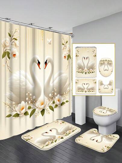 1/3/4 Sets Romantic Swan & Floral Bathroom Shower Curtain Set; Luxurious French Style Design, Waterproof & Durable, Suitable For Bathroom Decor & Accessories. Size: 71"X71", Includes 12 Hooks, Toilet Seat Cover, Bath Mat & Rug